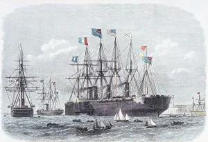 Drucke von Ein farbiger Druck, der die SS Great Eastern beim Verlassen von Sheerness mit dem französischen Atlantik-Telegrafenkabel zeigt Dampfschiff Drucke: Die SS Great Eastern verlässt Sheerness.
