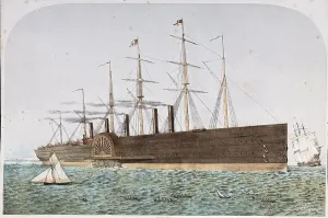 Drucke von Eine farbige Drucke zeigend die SS Great Eastern vor Holyhead. Die Steuerbordseite des Schiffes ist sichtbar mit allen Segeln gefurlet auf den sechs Masten, aber Rauch kommt aus den Schornsteinen Bilder Zur Allgemeinen Maritimen Geschichte Drucke: Die SS Great Eastern vor Holyhead.