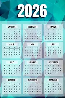 2026 Kalender-Vektor-Template auf geometrischem Hintergrund.