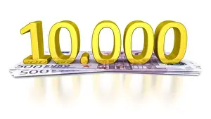 Zehn Tausend Euro im Wert von zehn Milliarden auf einem Goldscheine mit der Zahl fünfzigtausend Euro pro Seite