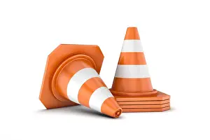 3D-Reendering einer Stapel von Verkehrsschildern und ein Schild liegt seitwärts.