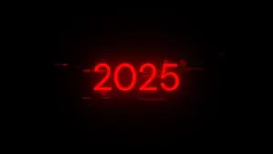 3D-Rendern 2025 mit Bildschirmaffekten von technologischen Fehlern.
