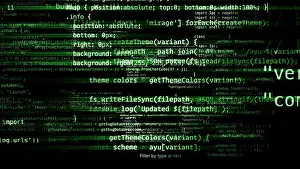 3D-Rendern abstracte Blöcke von Code, die sich im virtuellen Raum befinden. Kamera innerhalb des Computerprogramms.