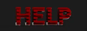 3D-Rendern von rotem Hilfetext, isoliert auf einem dunklen Hintergrund.