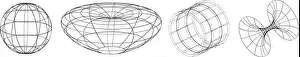 Vier 3D Drahtgitteroberflächen einschließlich Kugel.