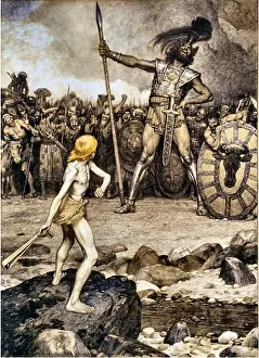 David und Goliath, Gemälde von Osmar Schindler, deutscher Maler 1867-1927