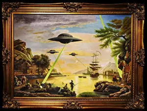 Schablonen-Graffiti Drucke: Banksy - UFO, Konflikt zwischen moderner und historischer Epoche.