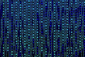 Binärcode auf schwarzem Hintergrund, abstrakte Illustration.