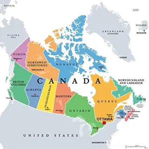 Kanada, Verwaltungseinheiten mit farbiger politischer Karte. Zehn Provinzen und drei Territorien Kanadas mit Grenzen und Hauptstädten