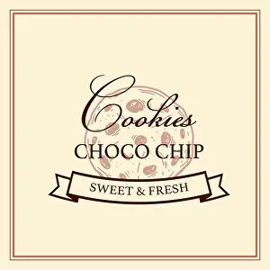 Choco Chip Cookie Logo Vorlage. Vektor-Illustration im Sketch-Stil. Design für Marken und Verpackung. Bäckereiprodukt