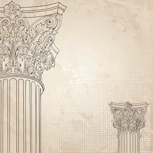Klassische Säulen, glatter Hintergrund; Römischer Korinthischer Saalcolonnade; Zeichnung auf altem Papier-Hintergrund für Design-Sketch