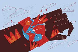 Klimawandel und Konzept der globale Erwärmung. Die Illustration zeigt eine Hand, die einen Uhrwerk trägt, das im Feuer liegt und uns daran erinnert, dass Klimaproblem ein ernstes Thema ist
