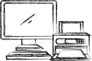 Computer-Desktop mit Drucker