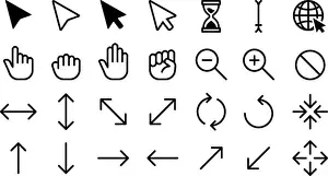 Mauszeiger-Icons. Internet-Welt-Arrow Mausklick-Schaltfläche Computer-Punkt Hand-Mauserweiterung Cursoren Statische und dynamische Klickschaltflächen isolierte Vektorset