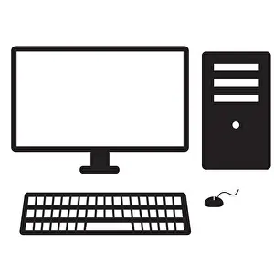 Bildschirmcomputerikon auf weißen Hintergrund, Computerzeichen, PC-Symbol in flacher Stilversion