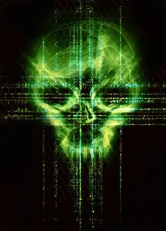Digitales Hintergrund mit grünem Schädel Hackerangriff-Konzept.