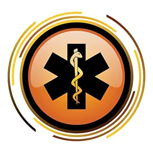 Notfall-Vektor-Icon. Moderne Design runder orangener Knopf, isoliert auf weißem Hintergrund für Web und Anwendungen in eps10.