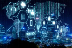 Fintech-Ikone und Internet der Dinge mit Matrix-Code-Hintergrund, Investitions- und Finanzinternettechnologie-Konzept.