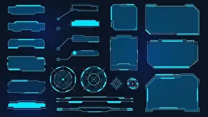 Zukünftige Rahmenwerke. Cyberschatten-HUD Quadratschirm mit Aufrufsymbolen Titel und Radar digitaler Info Box und Sci-Fi-UI-Panell virtueller Schnittstelle Vektorset