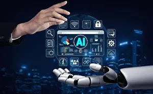 Futuristische Interaktion zwischen menschlicher Hand und Roboterarm mit AI-Schnittstelle, die Daten anzeigt.