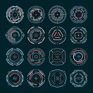 Zukünftige Ziele. Science-Fiction-Schützenglas optisches Zielfernrohr, militärische Schießsicht. Digitales HUD-Kreuzhakenzielmarkierung Vektorset