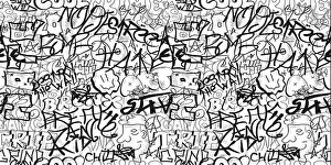 Drucke von Graffiti-Muster-Wandflächenkunst. Vektorgrafik-Hintergrund-Illustration. Graffiti-Schrift, urbane Kunst Muster-Wandflächen-Druck-Konzept Graffiti-Muster-Wandflächenkunst Straßenkunst Graffiti Drucke: Graffiti-Teppichmuster-Wandkunst.