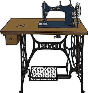 Handzeichnung einer klassischen Nähmaschine mit Fußbetätigung.
