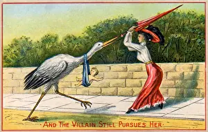 Humorvolle anthropomorphe Kunstwerk. Viktorianische Postkarte mit Untertitel und der Bösewicht verfolgt sie noch immer Humorvolle anthropomorphe Kunstwerk. Viktorianische Postkarte mit Untertitel und der Bösewicht verfolgt sie noch immer
