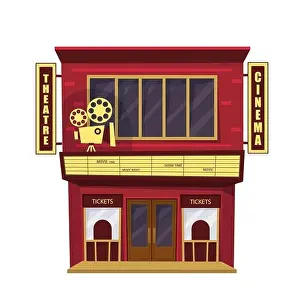 Ein isoliertes Kino auf weißem Hintergrund. Gebäude mit Kinobuchstaben und Kamera- Dekoration.
