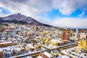 Blick auf die Stadt Hakodat in der japanischen Insel Hokkaido mit dem Berg Hakodat im Hintergrund