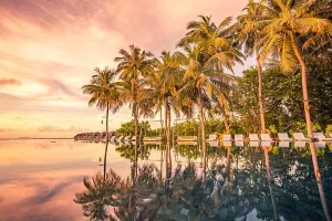 Unendliche Poolreflexion Landschaft. Luxuriöses Strandresort mit Schwimmbad und Strandliegen unter Sonnenschirmen mit Palmen am Sonnenuntergang Himmel