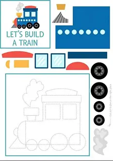 Lass uns ein Trainingsstück und Klebeaktivität aufbauen. Verkehrsausbildungskleberspiel, Suche nach fehlenden Teilen, Vektor-Transportdruckseite für Kinder mit