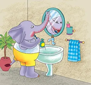 Ein kleiner Elefant putzt sich die Zähne im Badezimmer