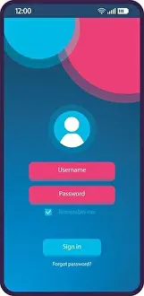 Anmeldeseite für Smartphone-Interface mit Vektor-Template; Benutzeroberfläche der Mobilapp im blauen Design und Layout; Felder für Benutzername und Passwort sowie die Autorisierungsschleife, gestaltet in flacher UI-Fassung
