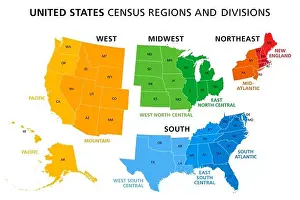 Karte der Vereinigten Staaten in Kensusregionen und -divisionen geteilt. Definition der Regionen, weit verbreitet für die Sammlung von Daten und Analysen verwendet
