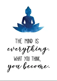 Das Denken ist alles; was du denkst, wirst du werden. Zitat des Buddhas mit Illustration von Buddha im blauen Wasserfarbenbild