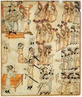 Mongolei: Thronsbesteigung eines mongolischen Chagatais. Thronsbesteigung eines mongolischen Herrschers. Rechter Teil einer doppelten-Seitenillustration von Rashidsch ad-Dins (1247-1318)
