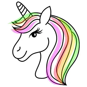 Illustration eines mythischen Wesens. Einhornkopf Kunst. Farbenprächtiger Schweif Vektor. Fantasytier Emblem