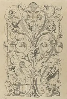 Paneele mit Satyrmaske zwischen Blattvillen und Verzierungen in Drucktechnik von Michel Liénard; vom Objekt erwähnt. Herausgeber: Charles Claesen