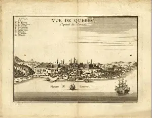 Panoramablick auf Quebec-Stadt, Kanada, im Jahr 1755. Die Karte zeigt auch prominenten Gebäude.