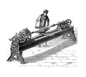 Parallel-Scheibenbohrmaschine, mit einer Welle, an der mehrere Schleifflächen unterschiedlicher Größe gleichzeitig arbeiten.