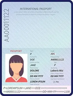Reisepass. Belegdaten persönliche Seite weiblicher internationale Reisepasse mit Foto. Identitätsdokument biometrische Kontroll Dokument Vektor-Template