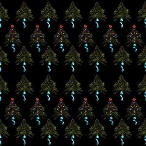 Muster von Weihnachtsbäumen auf schwarzem Hintergrund.