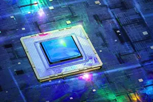 Quantentechnologie-Konzept für Computer mit 3D-Rendering von CPU-Chips auf der Platte.