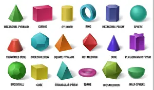 Realistische 3D-Farben für grundlegende Formen. Solide gefärbte geometrische Figuren, Zylinder und farbige Kubusform als Vektorillustration gesetzt