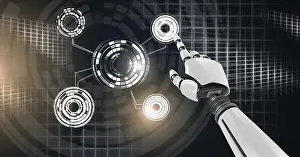 Roboter-Androidenhand, die einen leuchtenden Kreis berührt und eine Technologie-Schnittstelle.