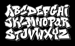 Drucke von Straßenkunst-Schriftart. Urbane Graffiti-Alphabet, schräge und moderne handgezeichnete Typografie, umrandete Großbuchstaben mit 3D-Schatten für Hip-Hop-Streetskultur Straßenkunst-Schriftart Straßenkunst Graffiti Drucke: Straßenkunst-Schrift. Urbane Graffiti-Alphabet