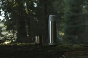Wasserschüssel und Tasse auf Baum im Wald