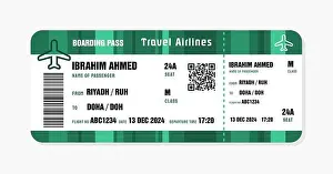 Ein Ticket nach Doha, Katar. Bordpass-Template mit allgemeiner Daten. Reiseflugticket-Vektorillustration mit QR-Codierung