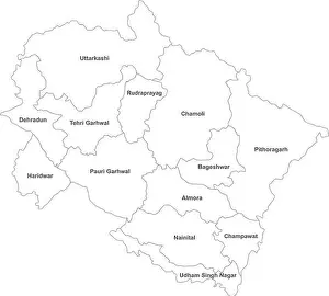 Karte der Distrikte Uttarakhand mit Namenetiketten, Karten des indischen Bundesstaates mit weißem Hintergrund